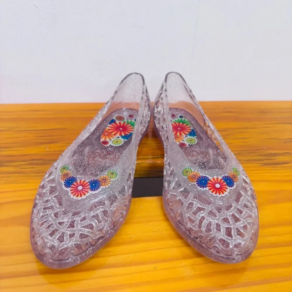 VTG‎ Y2K Grendene Jelly Flats Sparkle Flower Accent Shoes Girls Sz 13 Brazil